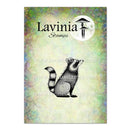 Raccoon illustration on a colorful background with Lavinia Stamps branding.