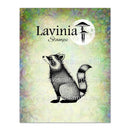Raccoon illustration on a colorful background with Lavinia Stamps branding.