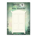 Fairy wardrobe stamp set by Lavinia Stamps on a decorative card with floral elements.