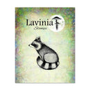 Raccoon illustration on a colorful background with Lavinia Stamps branding.