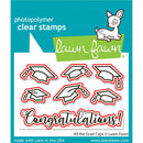 Lawn Fawn photopolymer clear stamps with graduation caps and 'Congratulations!' text on a blue background.