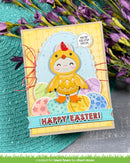 Colorful Easter card with a chick design and 'Happy Easter!' text, surrounded by flowers.