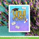 Graduation-themed card with 'Yay! Congratulations!' text and graphics on a floral background.