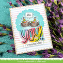Birthday card with colorful text and cake illustrations on a floral background