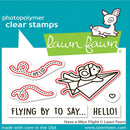 Lawn Fawn photopolymer clear stamps with a mouse and text on a blue background