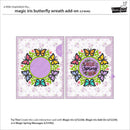 Two butterfly wreath designs on a white background with text and branding.