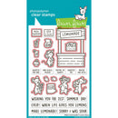 Set of clear stamps with lemonade stand and mouse illustrations on a blue background