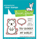 Lawn Fawn photopolymer clear stamps with quokka design and text on a blue background