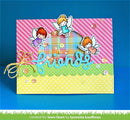 Colorful card with fairy designs and the word 'friends' on a blue background