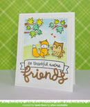 Card with a fox and owl illustration and 'So thankful we're friends' text on a green checkered background.