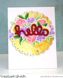 Greeting card with colorful flowers and 'hello' text on a white background