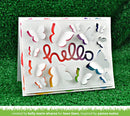 Greeting card with colorful butterfly cutouts and 'hello' text on a green grass background