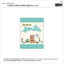 Packaging for a 'scripty smile outline add-on' with a cartoon quokka and text on a white background.