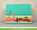 Colorful card with flamingo and 'smile' text on a plaid background
