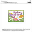 Card with 'thinking of you' text, flowers, and a butterfly on a white background