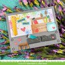 Colorful card with tools and hearts on a floral background, created for lawn fawn by Chari Moss.