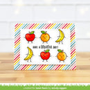 Card with cartoon fruits and 'Have a Fruity Day!' text on a striped background