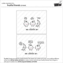 Cartoon illustration of fruits with speech bubbles on a white background, featuring the brand 'Lawn Fawn'.