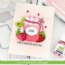 Card with pink jam jar and strawberries on a wooden surface