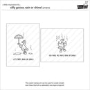 Two black and white illustrations of a goose with an umbrella and a duck, with text, on a white background.