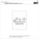 Black and white stamp set packaging with cartoon characters and text 'Simply Celebrate Teachers' on a white background.