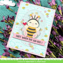 Card with a bee character holding a heart, surrounded by flowers, with text 'Don't worry bee hap-bee!'.