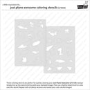 Two white coloring stencils on a white background with text about using them with Just Plane Awesome stamps.