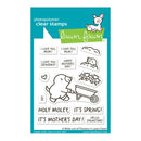 Lawn Fawn photopolymer clear stamps with Mother's Day-themed designs on a blue background