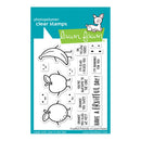 Lawn Fawn photopolymer clear stamps with fruit illustrations and text on a blue background