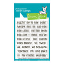 Lawn Fawn photopolymer clear stamps with bee-themed text on a blue and white background