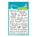 Clear stamps with cow illustrations and text on a blue and green cardstock