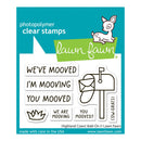 Lawn Fawn photopolymer clear stamps set with a deer, mailbox, and text on a blue background.
