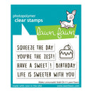 Lawn Fawn photopolymer clear stamps with text and a deer illustration on a blue background.