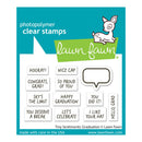 Lawn Fawn photopolymer clear stamps set with graduation-themed phrases and a deer illustration on a blue and white background.