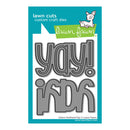 Lawn Cuts custom craft dies with 'Yay! Indeed' text on a blue and white background