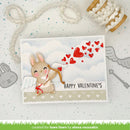 Valentine's Day card with a bunny holding a bow and arrow, surrounded by hearts on a light background.