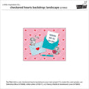 Checkered hearts backdrop with cartoon mice and envelopes on a pink background