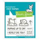 Lawn Fawn photopolymer clear stamps with cartoon animals and text on a blue background