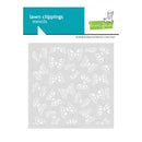 Butterfly patterned stencil with 'lawn clippings' branding on a white background