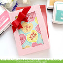 Valentine's Day card with colorful hearts and a red bow on a white background