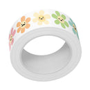 Roll of decorative tape with smiley flower designs on a white background
