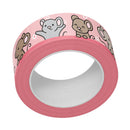 Roll of pink tape with cartoon animal designs on a white background