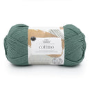 Green skein of yarn with a label on a white background