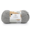 Gray skein of yarn with a label on a white background