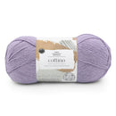 Ball of purple yarn with a label on a white background