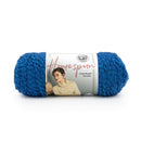 Blue skein of Lion Brand Homespun yarn on a white background