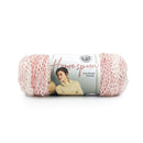 Ball of pink yarn with Lion Brand label on a white background