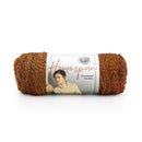 Ball of brown yarn with a Lion Brand label on a white background