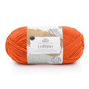 Ball of orange yarn with a label on a white background