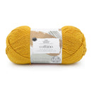 Yellow yarn ball with a label on a white background